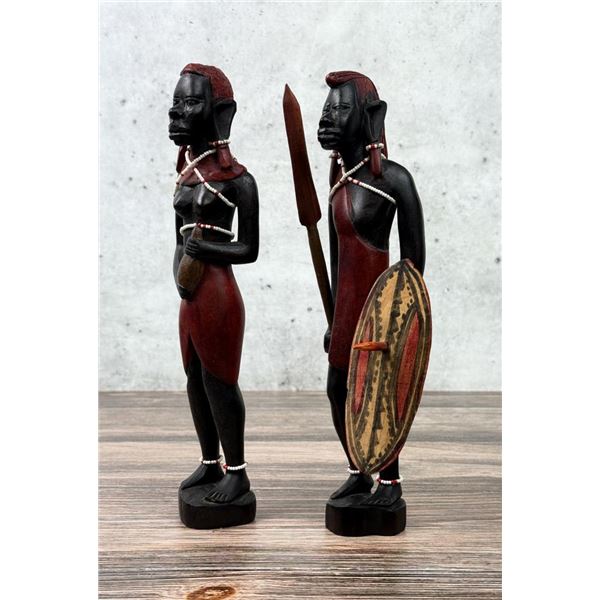Carved Wood Maasai Warrior & Woman Statues