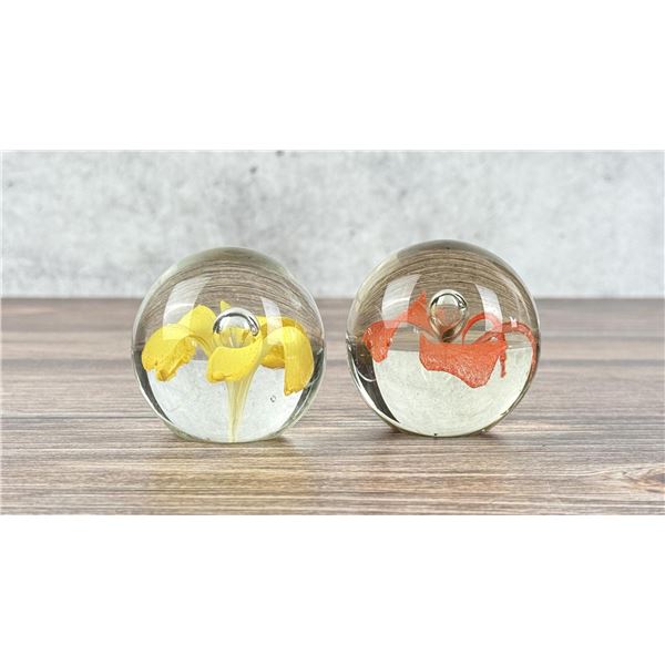 Pair Of Floral Art Glass Paperweights