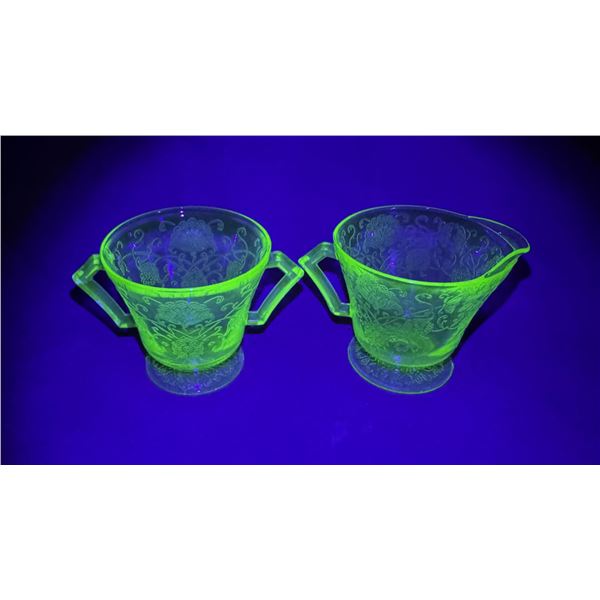 Uranium Glass Hazel Atlas Poppy Sugar & Creamer