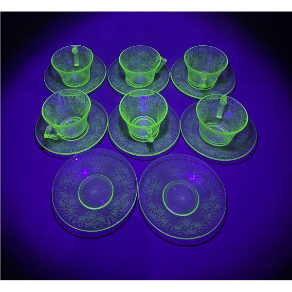 Uranium Glass Hazel Atlas Poppy Cups Saucers