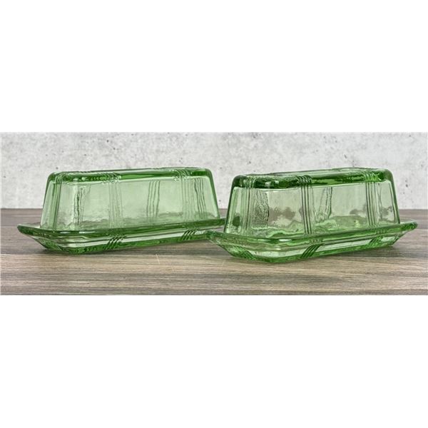 Pair of Hazel Atlas Crisscross Green Butter Dishes