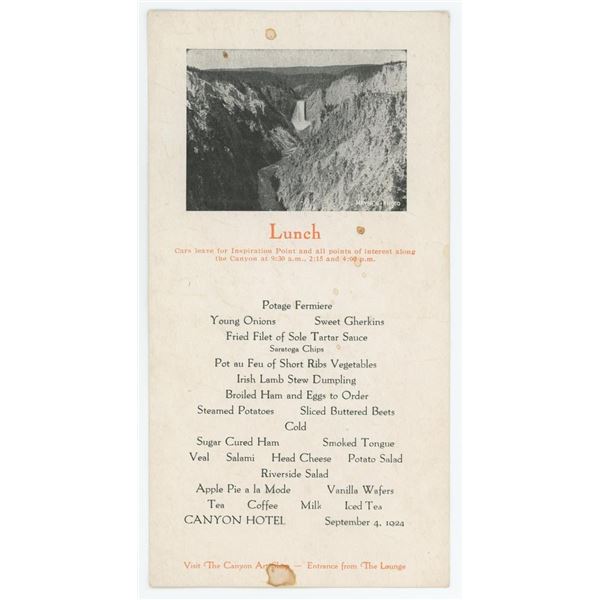 1924 Yellowstone National Park Canyon Hotel Menu
