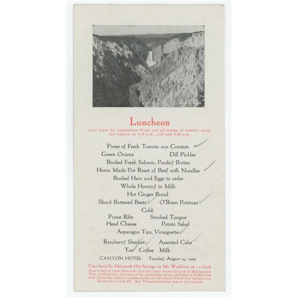 1923 Yellowstone National Park Canyon Hotel Menu