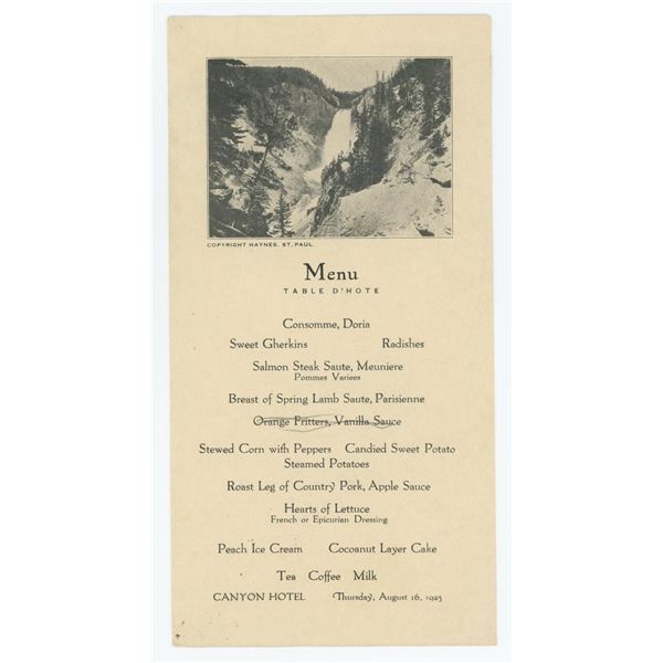 1923 Yellowstone National Park Canyon Hotel Menu