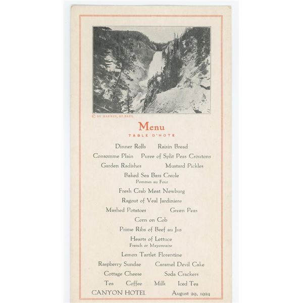 1924 Yellowstone National Park Canyon Hotel Menu