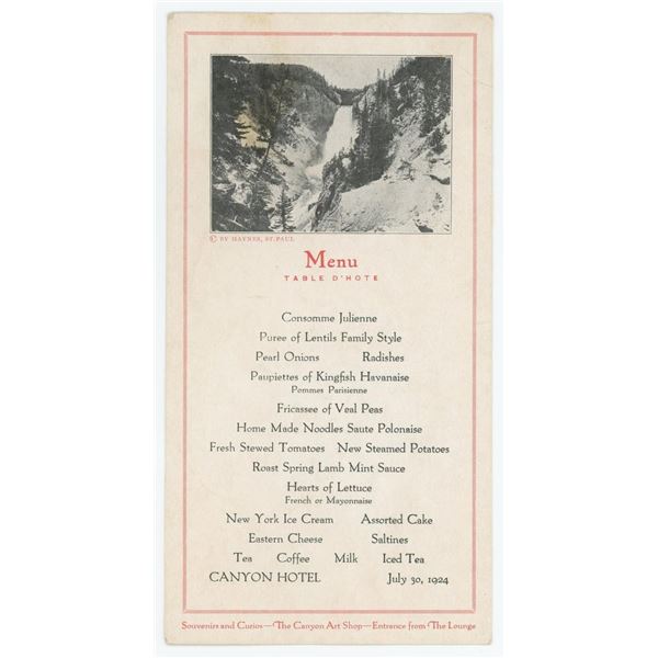 1924 Yellowstone National Park Canyon Hotel Menu