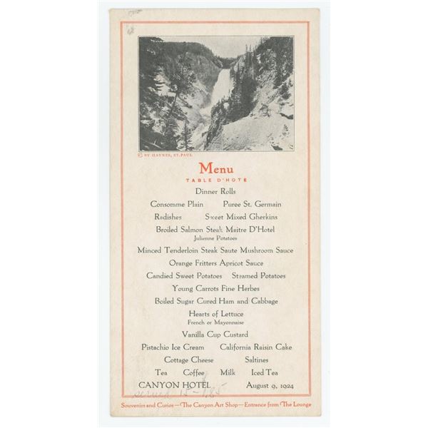 1924 Yellowstone National Park Canyon Hotel Menu
