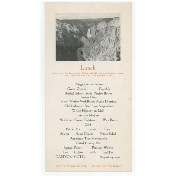 1924 Yellowstone National Park Canyon Hotel Menu