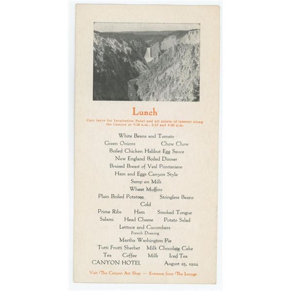1924 Yellowstone National Park Canyon Hotel Menu