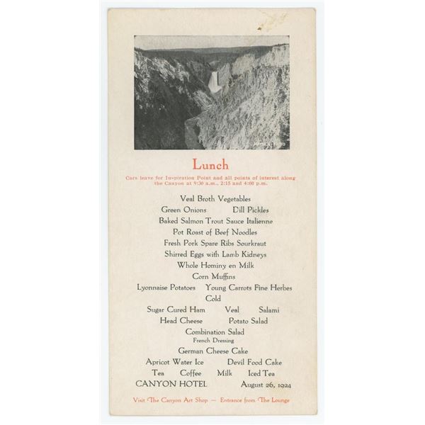 1924 Yellowstone National Park Canyon Hotel Menu