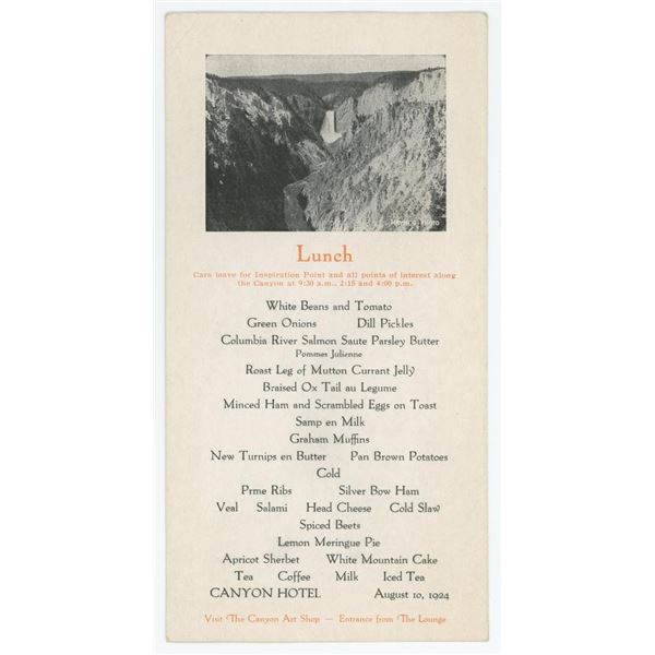 1924 Yellowstone National Park Canyon Hotel Menu