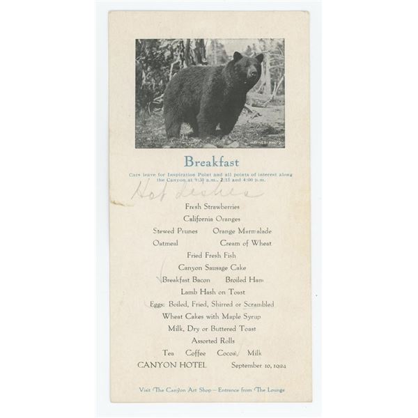 1924 Yellowstone National Park Canyon Hotel Menu
