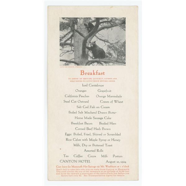 1924 Yellowstone National Park Canyon Hotel Menu