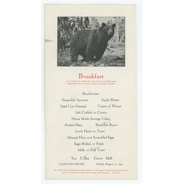 1923 Yellowstone National Park Canyon Hotel Menu