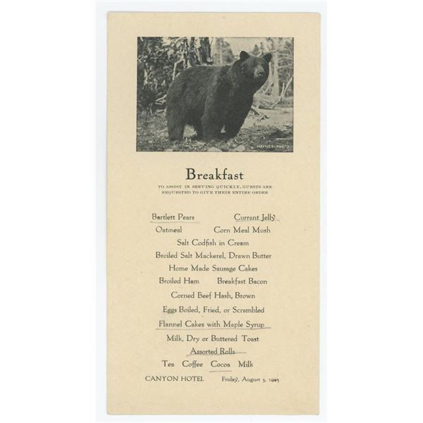 1923 Yellowstone National Park Canyon Hotel Menu