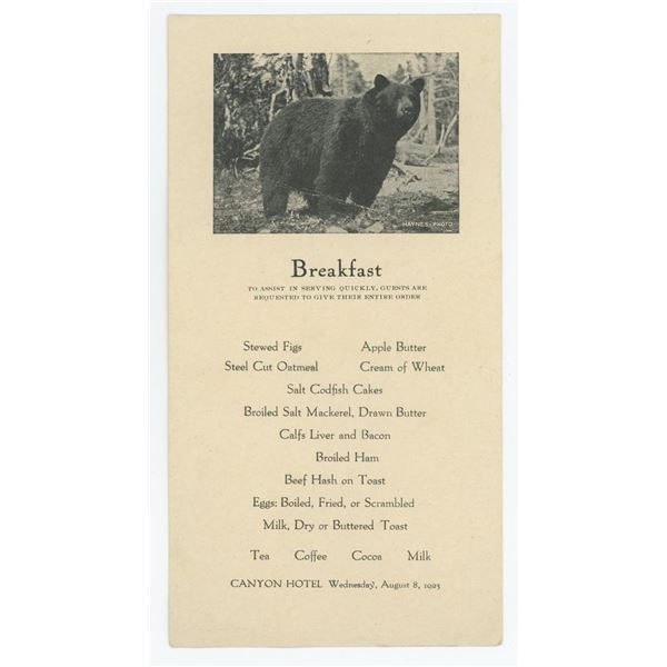 1923 Yellowstone National Park Canyon Hotel Menu