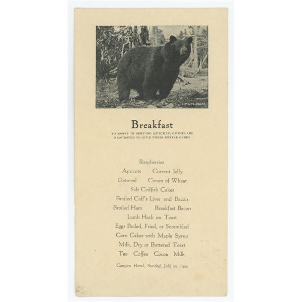 1923 Yellowstone National Park Canyon Hotel Menu