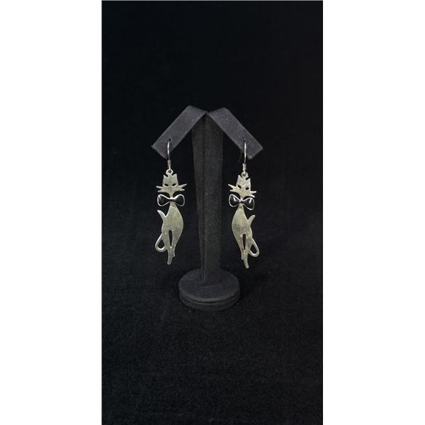 Sterling Silver Bowtie Cat Dangle Earrings