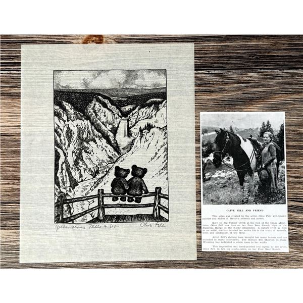 Olive Fell Yellowstone Falls & Us Signed Woodblock