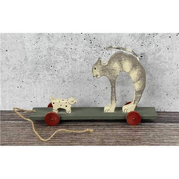 Folk Art Carved Wood Cat and Dog Pull Toy