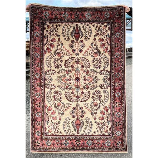 Ivory Floral Sarouk Persian Wool Oriental Rug
