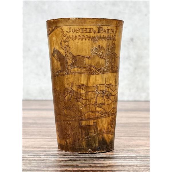 19th Century Scrimshaw Hunt Scene Horn Cup