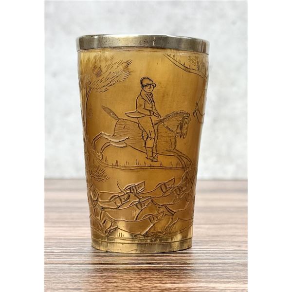 19th Century Scrimshaw Hunt Scene Horn Cup