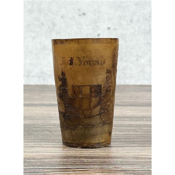 19th Century Scrimshaw Village Scene Horn Cup