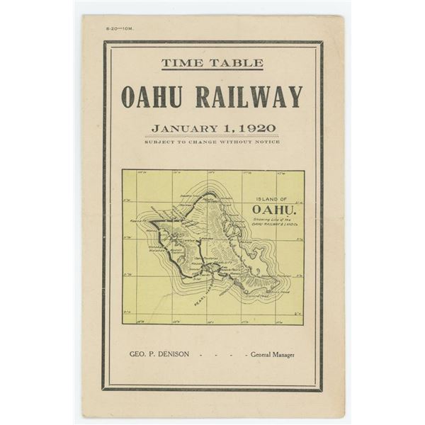 1920 Oahu Hawaii Territory Railway Timetable