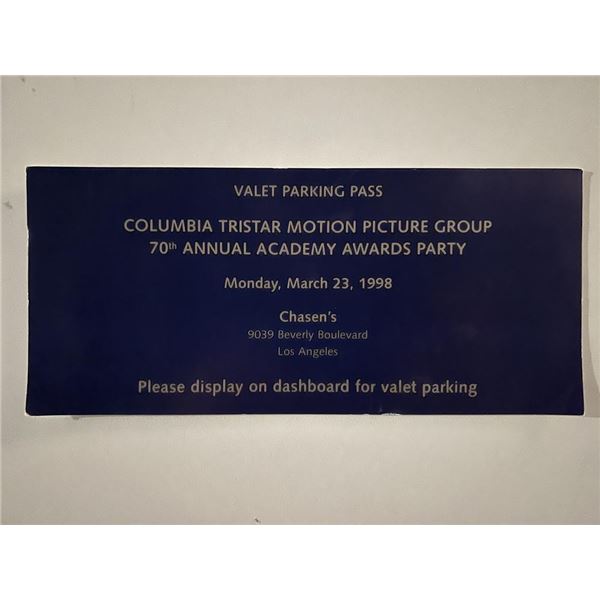 Original 1998 Valet Parking Pass to 70th Annual Academy Awards Party at Chasen's Restaurant