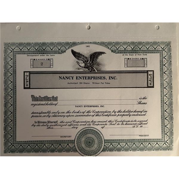 Nancy Enterprises stock certificate