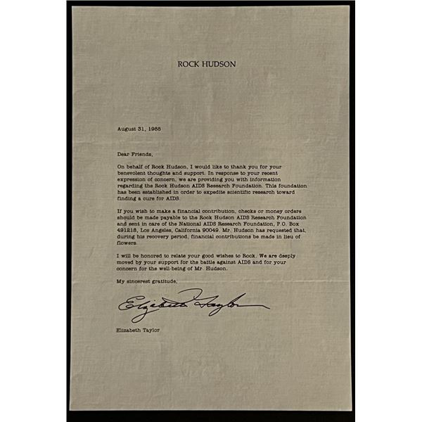 1985 Letter from Elizabeth Taylor Regarding Rock Hudson
