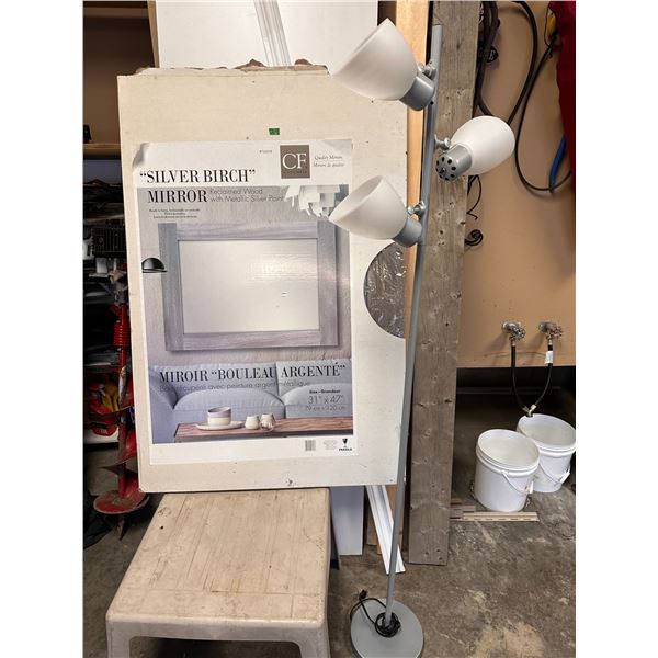 Framed mirror in original box measures 31 x 47" & floor lamp