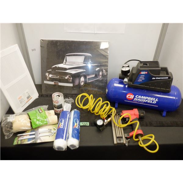Small air compressor by Campbell Hausfeld, nail gun, wall art, paint rollers and more