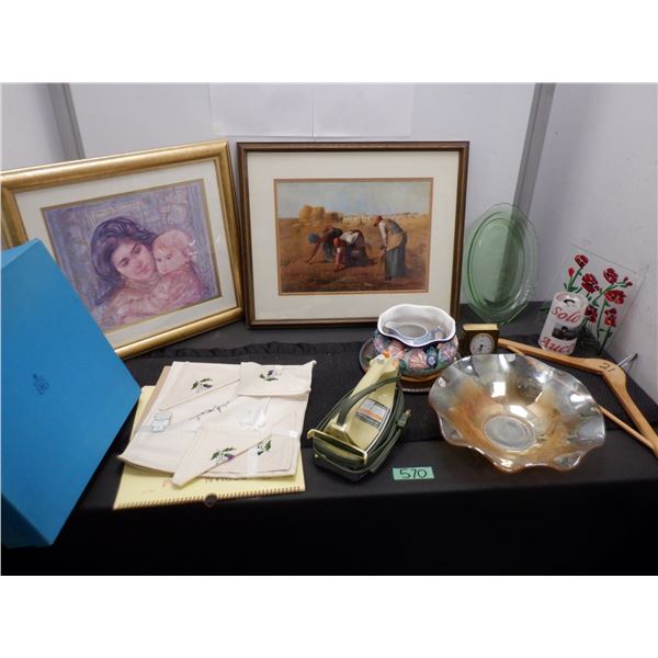 Lot of home décor items including 2 framed wall art pieces, iron, glass bowl and more