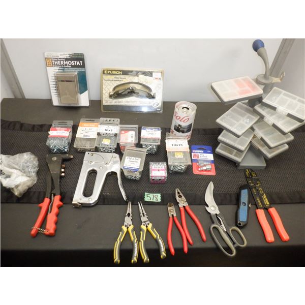 Assorted lot of hand tools and packages of screws and fasteners, thermostat and more