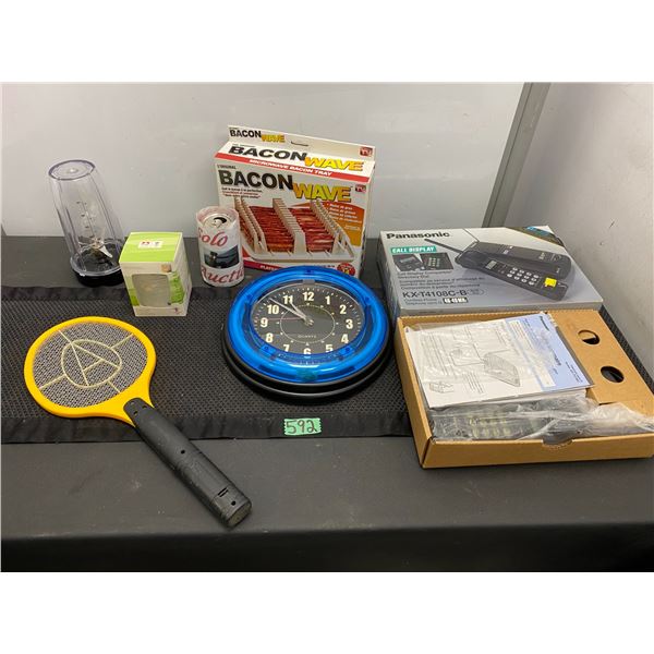 Lot of assorted items including wall clock, Panasonic telephone, Bacon Wave microwave bacon tray and