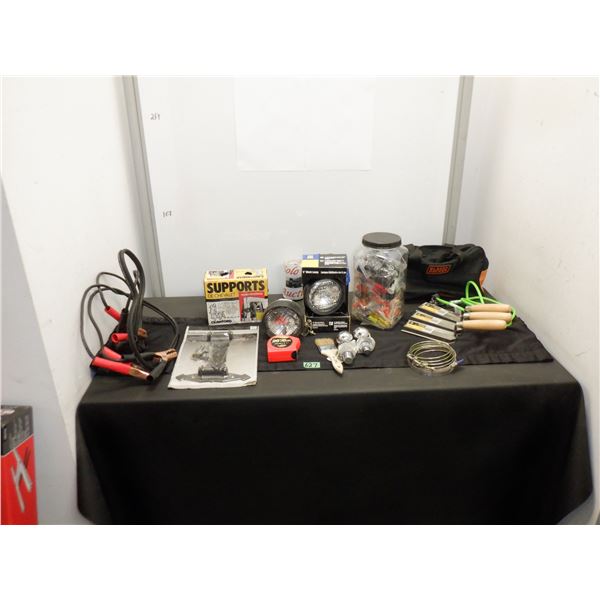 Large lot of tools including auto battery jumper cables, work lamps, tape measure and more