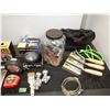 Image 3 : Large lot of tools including auto battery jumper cables, work lamps, tape measure and more