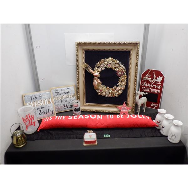 Christmas décor items including framed wreath made from vintage costume jewellery and more