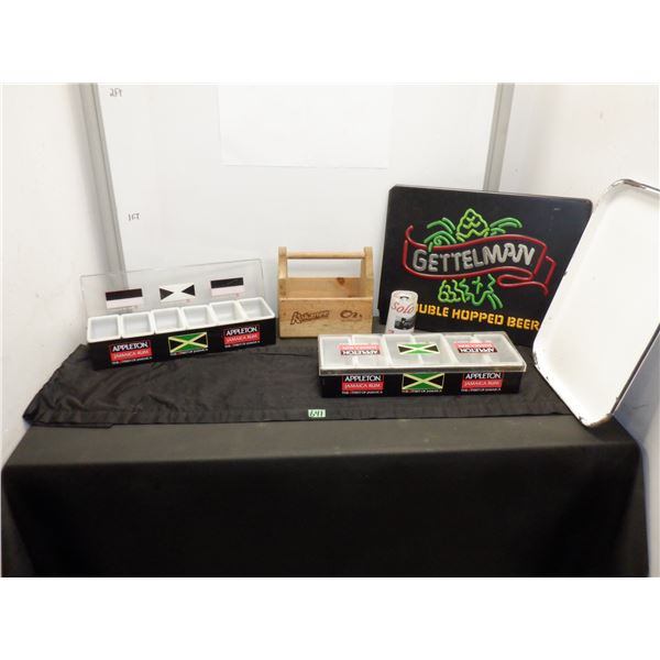 Lot of assorted items including beer sign, and storage containers and more