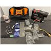 Image 1 : Black & Decker tool bag with assorted driver bits and compact MotoMaster Gemini 250 air compressor