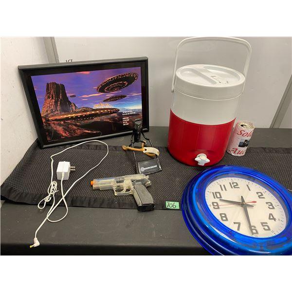 Lot of assorted items including wall clock, framed wall art, water cooler and more