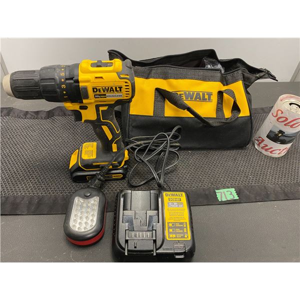 Dewalt brand cordless drill with battery, charger and carrying bag