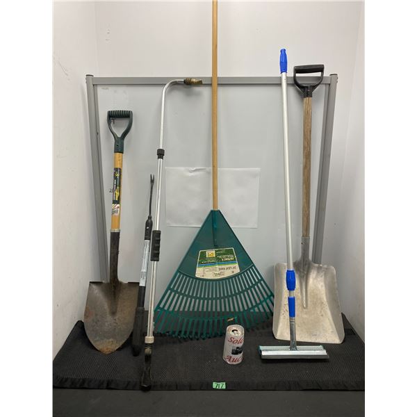 Lot of outdoor garden tools including shovel, rake and more