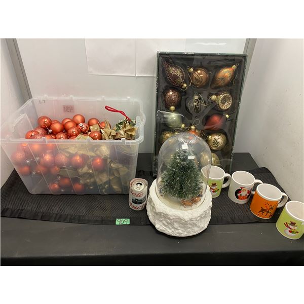 Lot of Christmas decorations and coffee mugs