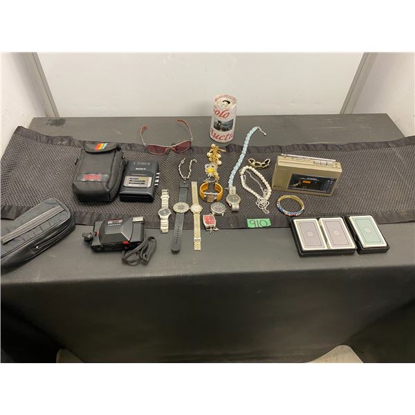 Assorted lot with portable cassette player, camera, playing cards, fashion jewellery and watches