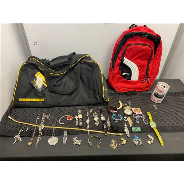 Assorted lot of fashion jewellery and watches, backpack and duffle bag