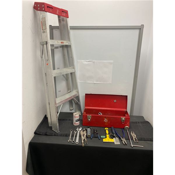 Small step ladder, tool box full of assorted hand tools