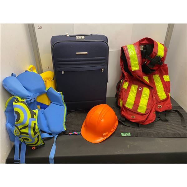 Assorted lot including children's life jackets, carry-on luggage, safety vest